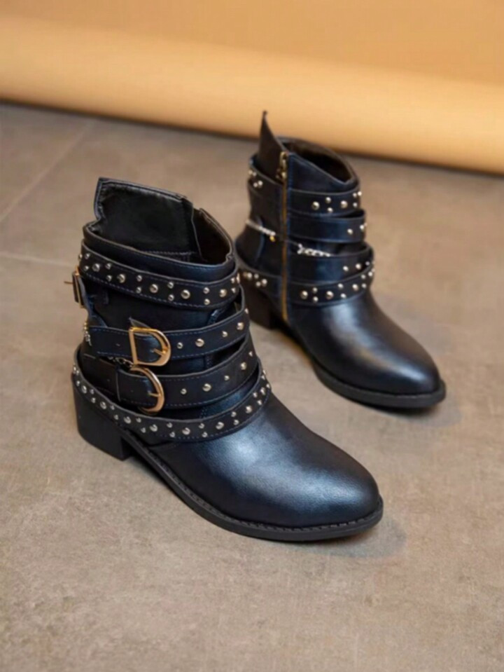 Women's Ankle Boots And Short Boots New Retro Belt Buckle Studded Black Leather Boots For Autumn ... | SHEIN