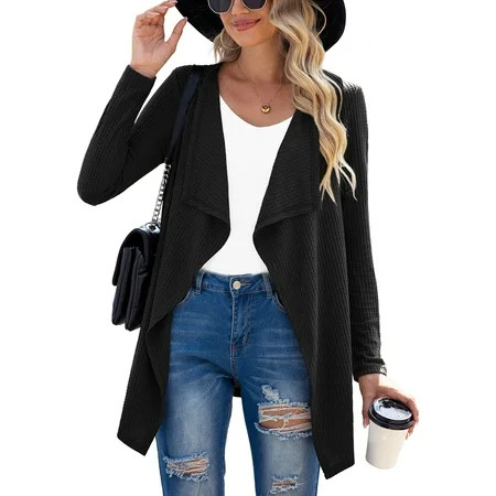 SHOWMALL Women s Lightweight Waffle Knit Cardigan Irregular Hem Waterfall Cardigan Long Sleeve Open Front Drape Cardigan Black US Size XL | Walmart (US)