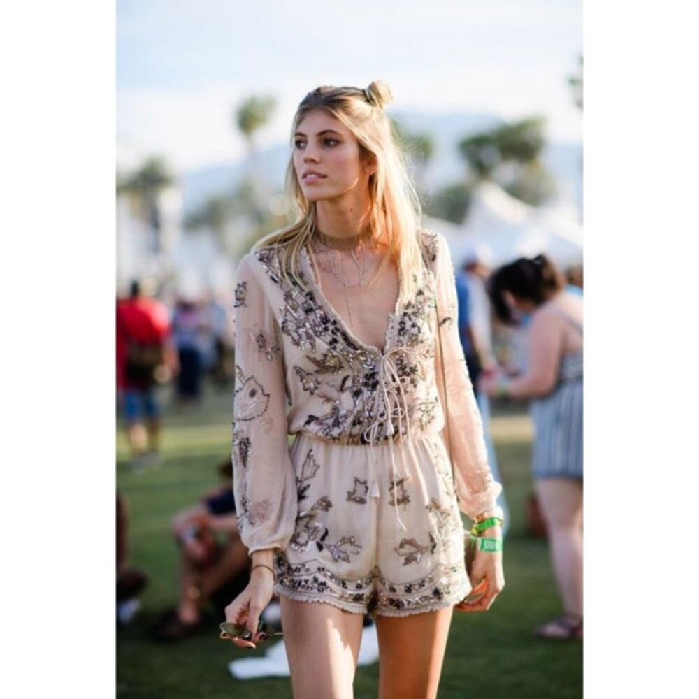 Ranna Gill Womens Beaded Romper Size 6 Coachella Festival Boho Champagne Cream | Poshmark
