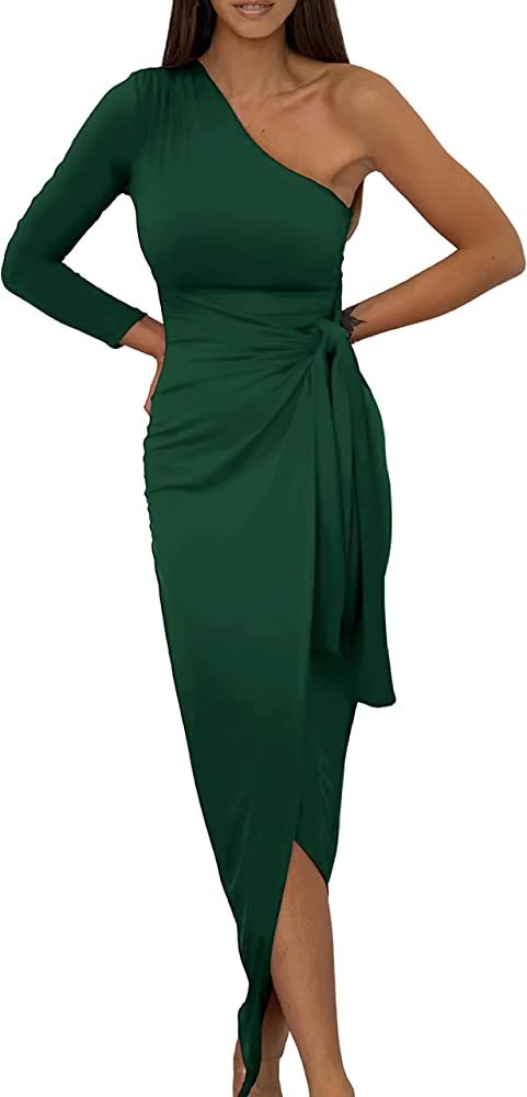 BTFBM Women Elegant Long Sleeve One Shoulder Cocktail Dress Bodycon Ruched Tie Waist Wrap Dress S... | Amazon (US)