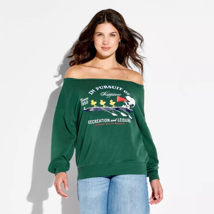 Women's Peanuts Off The Shoulder Graphic Pullover Sweatshirt - Dark Green | Target
