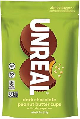UNREAL Dark Chocolate Crispy Quinoa Peanut Butter Cups - Vegan, Gluten Free, Less Sugar (6 Bags) | Amazon (US)