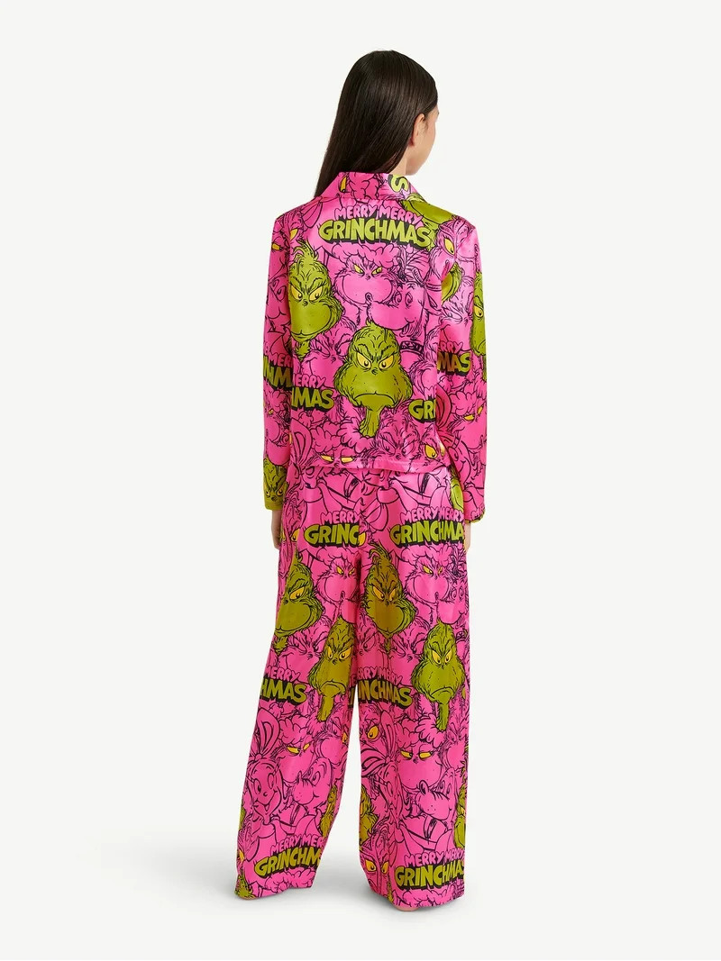 Justice x Grinch Girls Long Sleeve Notch Collar Sleep Top and Sleep Pants, 2-Piece, Sizes 4-18 | Walmart (US)