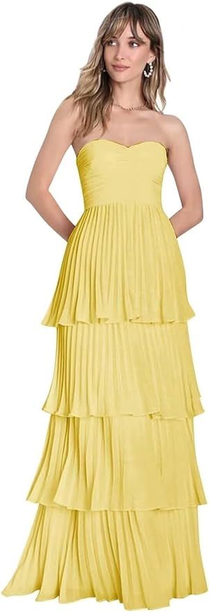 Strapless Prom Dresses 2024 Tiered Chiffon Ruffle Formal Evening Dresses | Amazon (US)