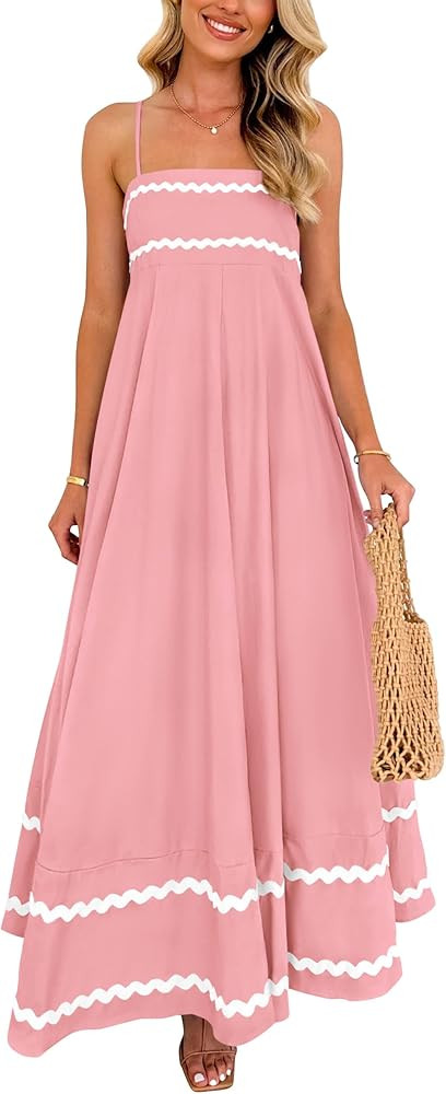 PRETTYGARDEN Women's 2025 Summer Flowy Maxi Dress Casual Sleeveless Spaghetti Strap Ruffle Beach ... | Amazon (US)