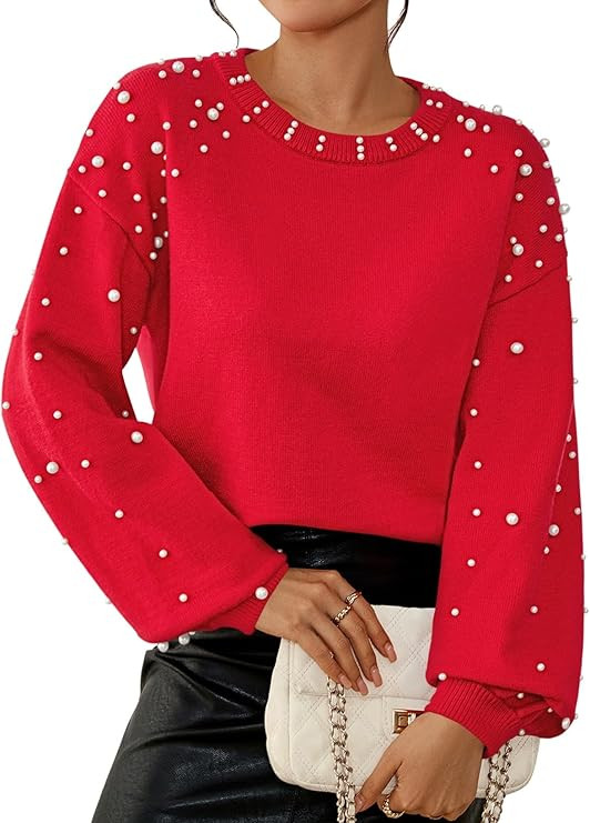 Pink Queen Pearl Sweater for Women 2025 Fashion Fall Winter Chunky Crewneck Lantern Sleeve Loose ... | Amazon (US)