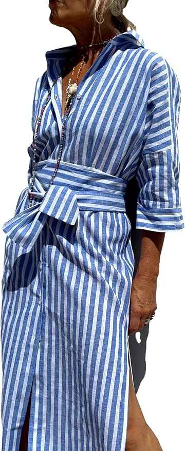 utcoco Womens 2026 Shirt Dress Casual Lapel 3/4 Sleeve Button Down Split Belted Vacation Maxi Dre... | Amazon (US)