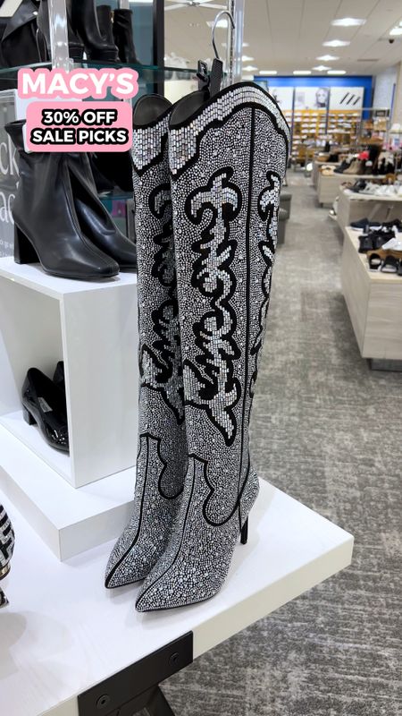 Macy’s is having a 30% off sale (code: VIP if you are shopping online) and there are so many cute shoes on my wish list 😍✨.

I love these black and silver over the knee rhinestone cowboy boots, they would’ve been perfect for the Renaissance concert 🪩🎶, but they’re also perfect for fall outfits .

I love these rhinestone sneakers as well, they would be great to elevate casual outfits, and they come in a bunch of different colors 😍💎✨. 

I also really like these rhinestone, nude heel sandals, and the clear sandals, with the bronze rhinestones. They would be great shoes for a wedding guest outfit 🙌🏾😩t. 

#LTKsalealert #LTKSale #LTKSeasonal