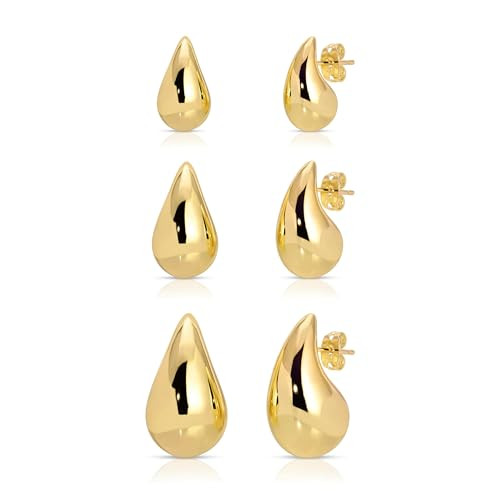 3Pair Gold Teardrop Earrings Set Dupes for Women Thick Gold Chunky Hoop Earring Water Drop Earring for Women Hypoallergenic | Amazon (US)