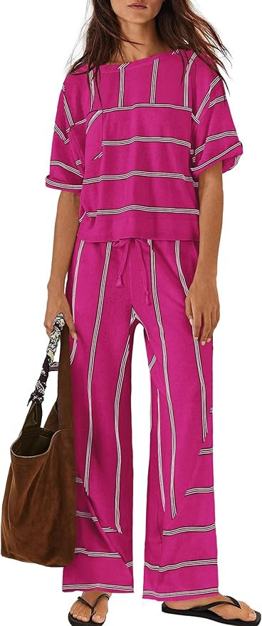 Nirovien Womens Striped Lounge Set 2 Piece Vacation Sets Short Sleeve Tops and Wide Leg Pants Tra... | Amazon (US)