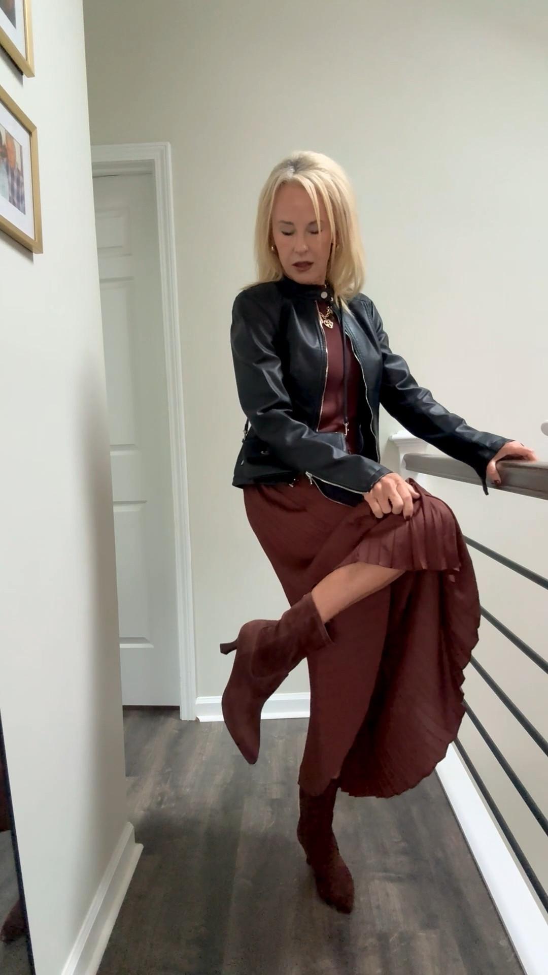 Black on brown! Try this combo in November. and I found the perfect brown suede kitten heeled boots-on sale!! #falloutfit #thanksgivingoutfit #suedeboots #leatherjacket #fashionover50 

#LTKShoeCrush #LTKOver40 #LTKSaleAlert