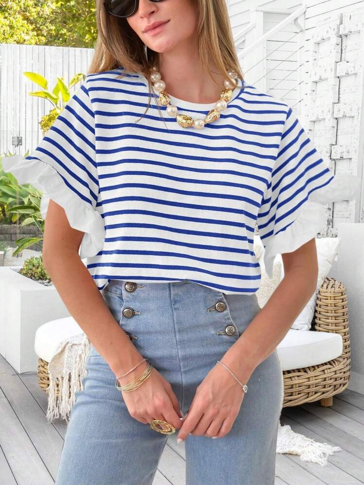 Women Striped Tops Ruffle Sleeve Casual Basic T Shirts Crewneck Short Sleeve Shirt Summer Outfits | SHEIN