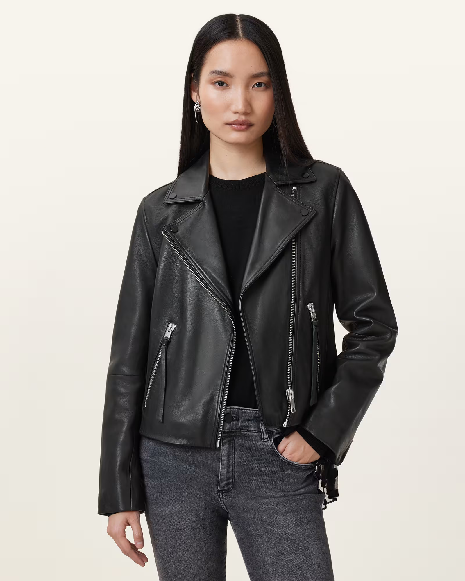 Dalby Slim Fit Leather Biker Jacket Black | ALLSAINTS US | AllSaints US