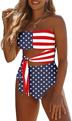 Viottiset Women's Bandeau One Piece Swimsuit Strapless Tie High Cut Out Bathing Suit | Amazon (US)