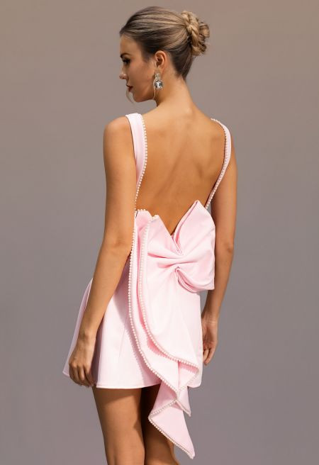 Pearl Trim Bowknot Open Back Sleeveless Mini Dress in Light Pink | Chicwish