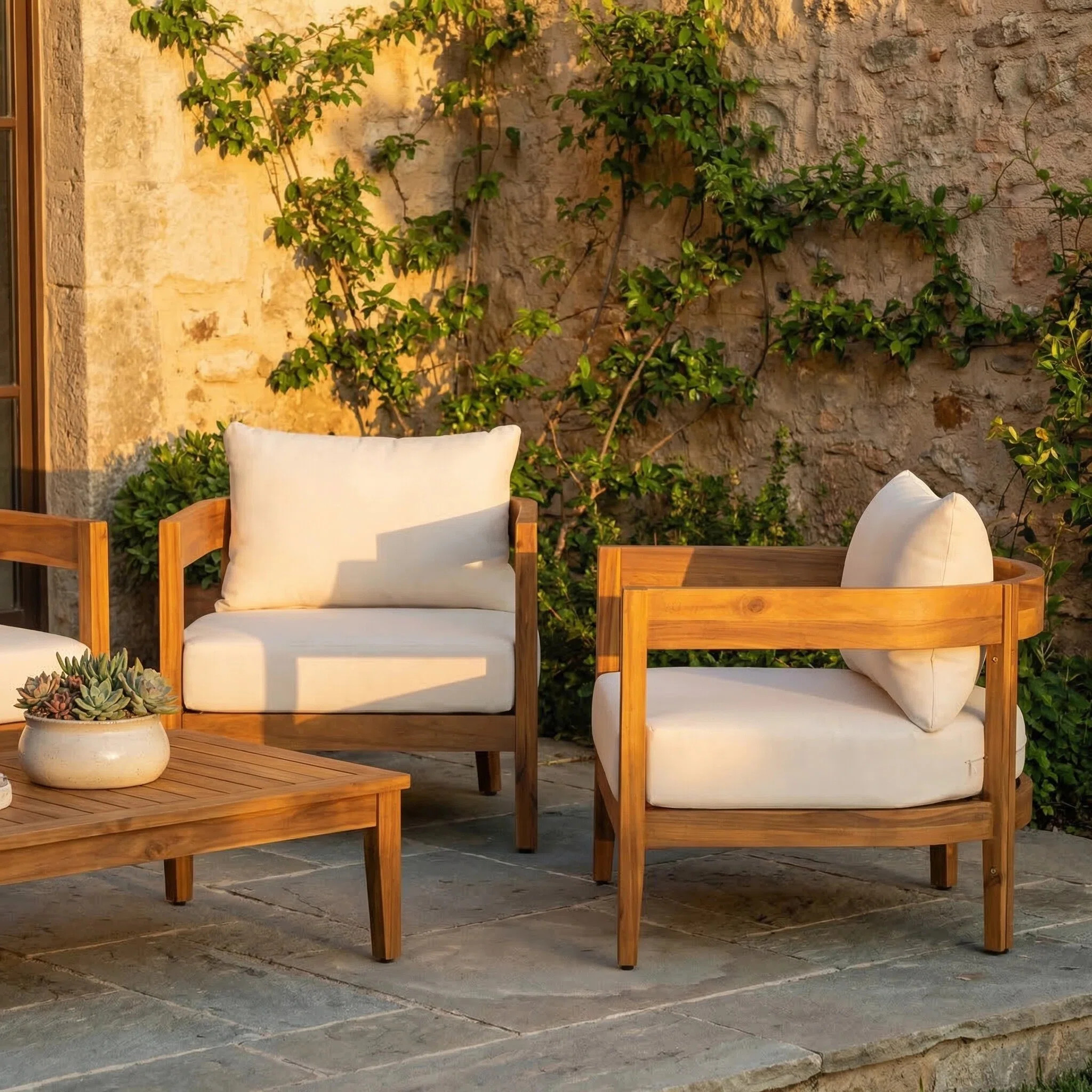 Lorene Outdoor Acacia Wood Club Chair with Cushions (Set of 2) | Wayfair North America