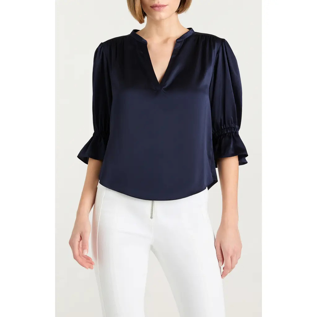 Cinq à Sept Fiona Split Neck Silk Top in Navy at Nordstrom, Size X-Large | Nordstrom