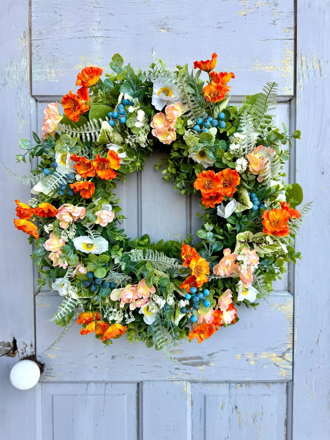 BEST SELLER! 20" Summer Wreath for Front Door, Peach Poppy Wreath, Wreath With Poppies, Orange Po... | Etsy (US)