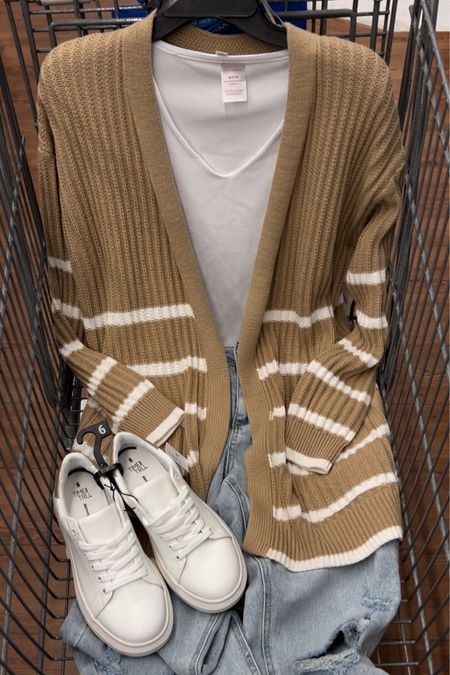 Walmart outfit idea with this stripe cardigan (tts small) and double layer tee, (tts medium), distressed mom jeans (tts 6). Neutral casual comfy

#LTKfindsunder50 #LTKfindsunder100 #LTKstyletip