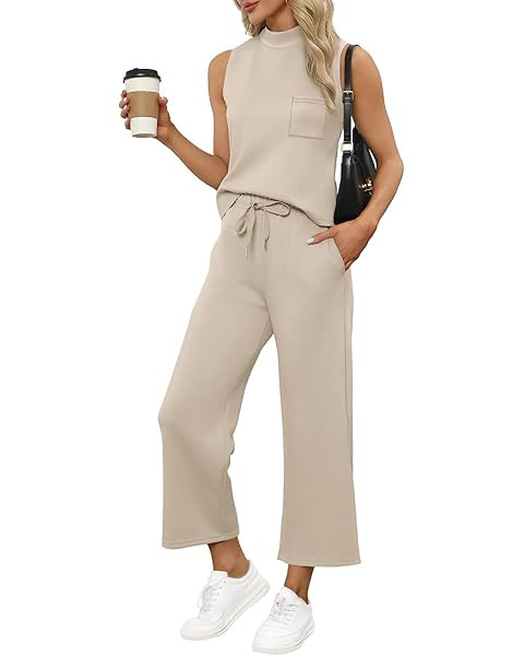 SAMPEEL Two Piece Sets for Women Summer Outfits Lounge Sets Mock Neck Tops Wide Leg Crop Pants Va... | Amazon (US)