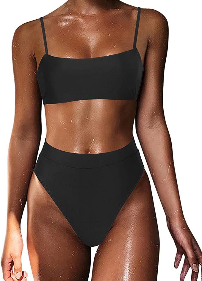 MOSHENGQI Women High Wasited Bikini Shoulder Strap 2 Piece High Cut String Swimsuits | Amazon (US)