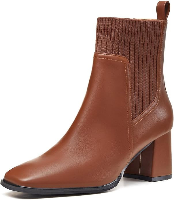 Coutgo Women's Slip On Ankle Boots Chunky Block Heel Square Toe Splicing Dress Sock Booties | Amazon (US)