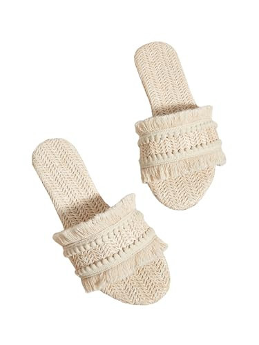 OYOANGLE Women's Fringe Straw Sandals Crochet Open Toe Single Band Flat Slip On Sandals Beige 6.5 | Amazon (US)