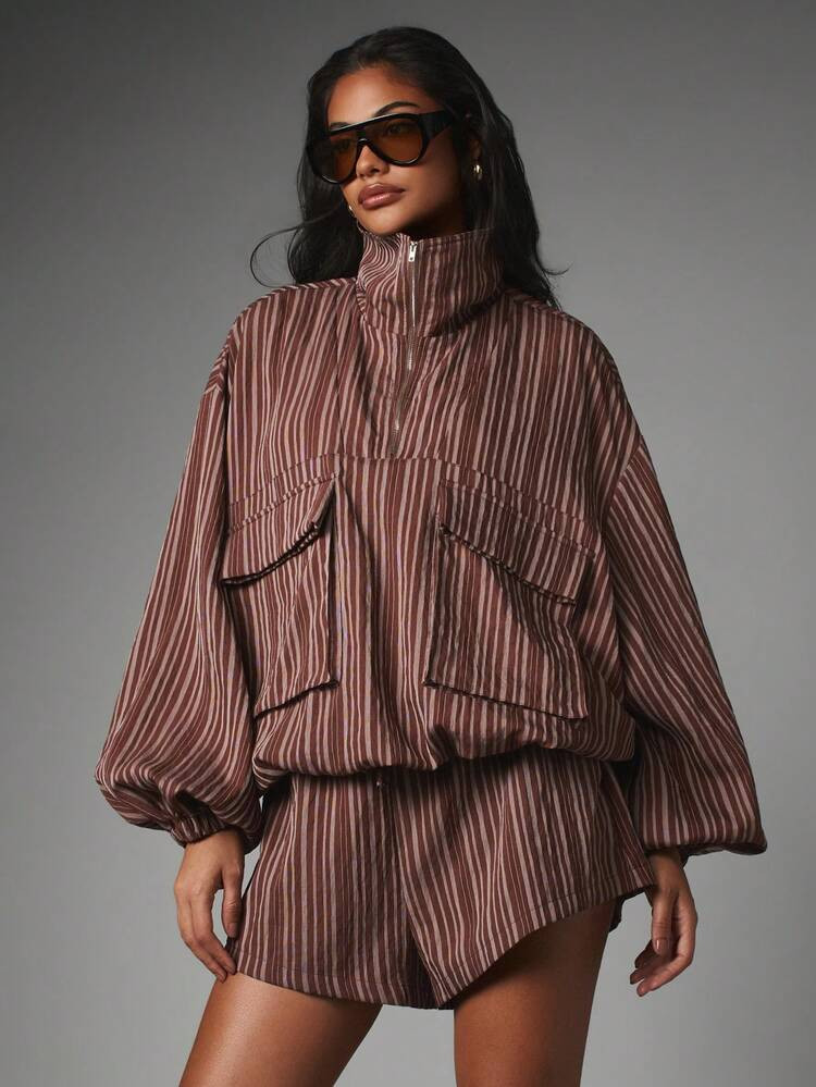 MISSGUIDED Striped Woven Half-Zip Funnel Neck Oversized Jacket And Drawstring Mini Shorts Co-Ord ... | SHEIN