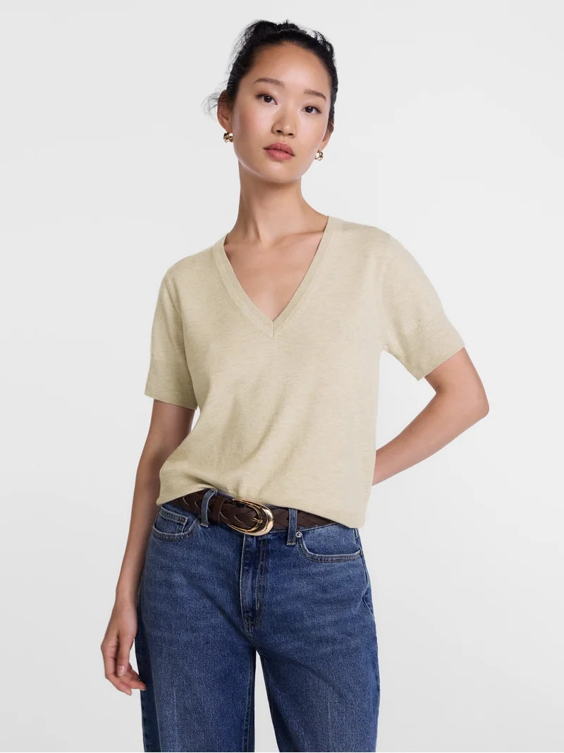 Scenario Women's V-Neck Lightweight Sweater with Short Sleeves, Sizes XS-XXXL | Walmart (US)