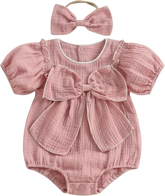 Newborn Infant Baby Girl Summer Clothes Cotton Linen Short Sleeve Bubble Romper Bow Bodysuit Jump... | Amazon (US)