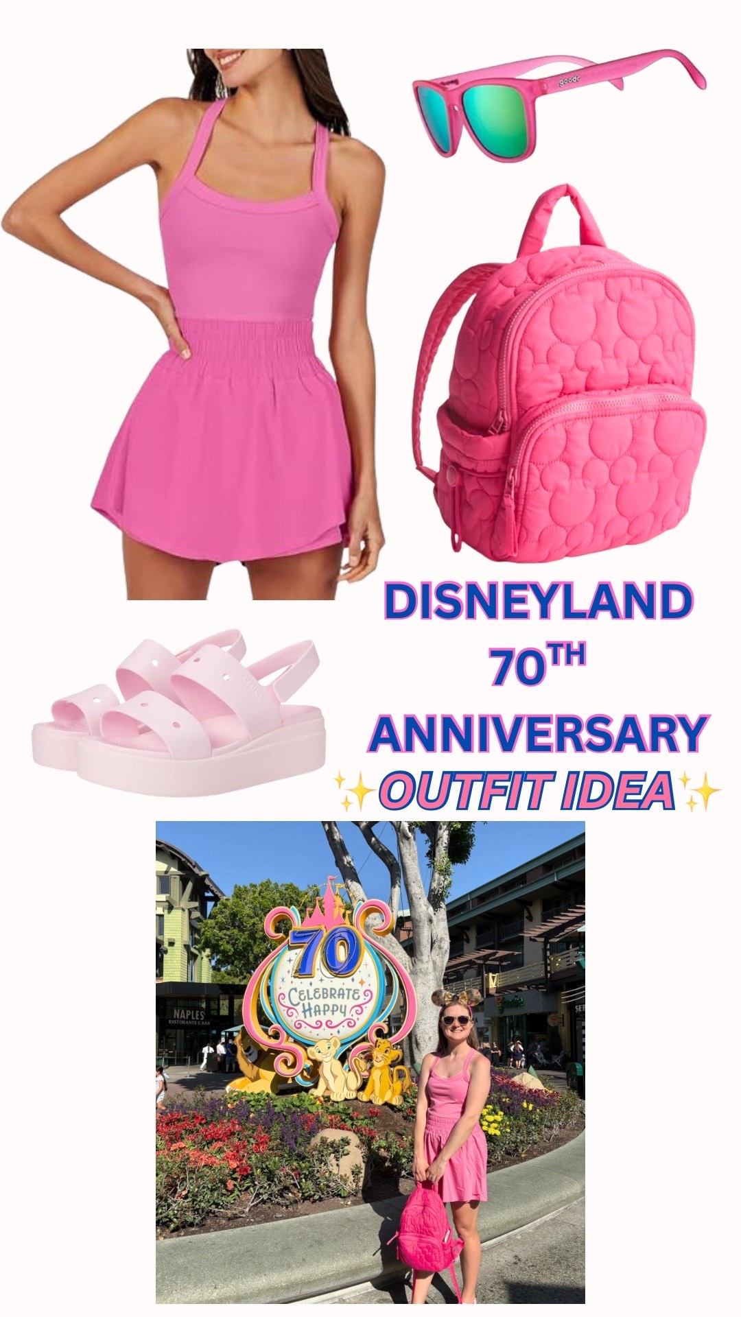 Disneyland 70th Outfit Idea! I loved wearing this pink romper and the croc wedges! The Vera Bradley Mickey backpack was perfect to hold Disney park essentials! The outfit follows the colors of the 70th Celebration! 

Travel Outfit 

#LTKTravel #LTKFindsUnder100 #LTKItBag