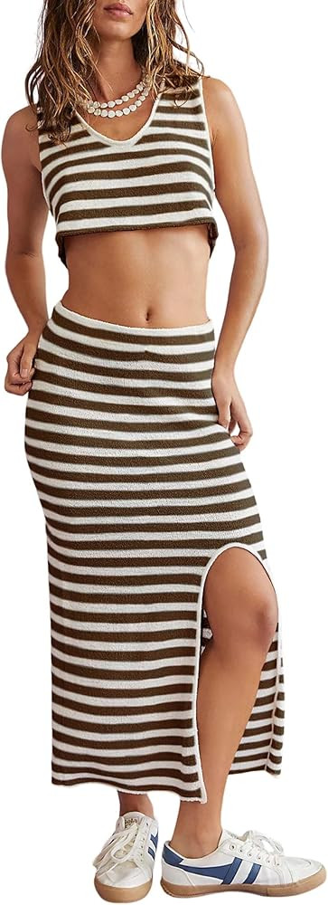 Watashi Two Piece Skirt Sets Outfits for Women Summer Sleeveless Knitted Sweater Striped Maxi Ski... | Amazon (US)