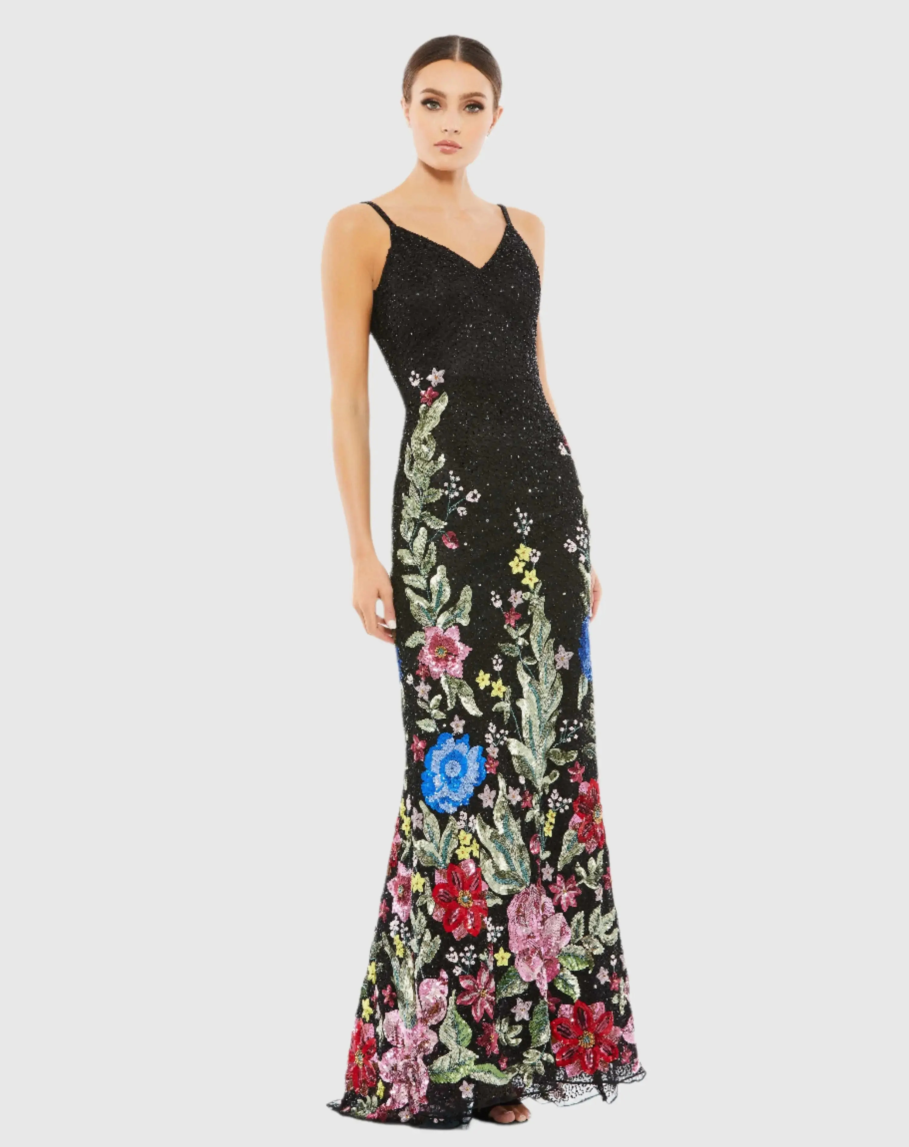 Mac Duggal - Black Floral Embellished Spaghetti Strap Gown - US 4 | Mac Duggal