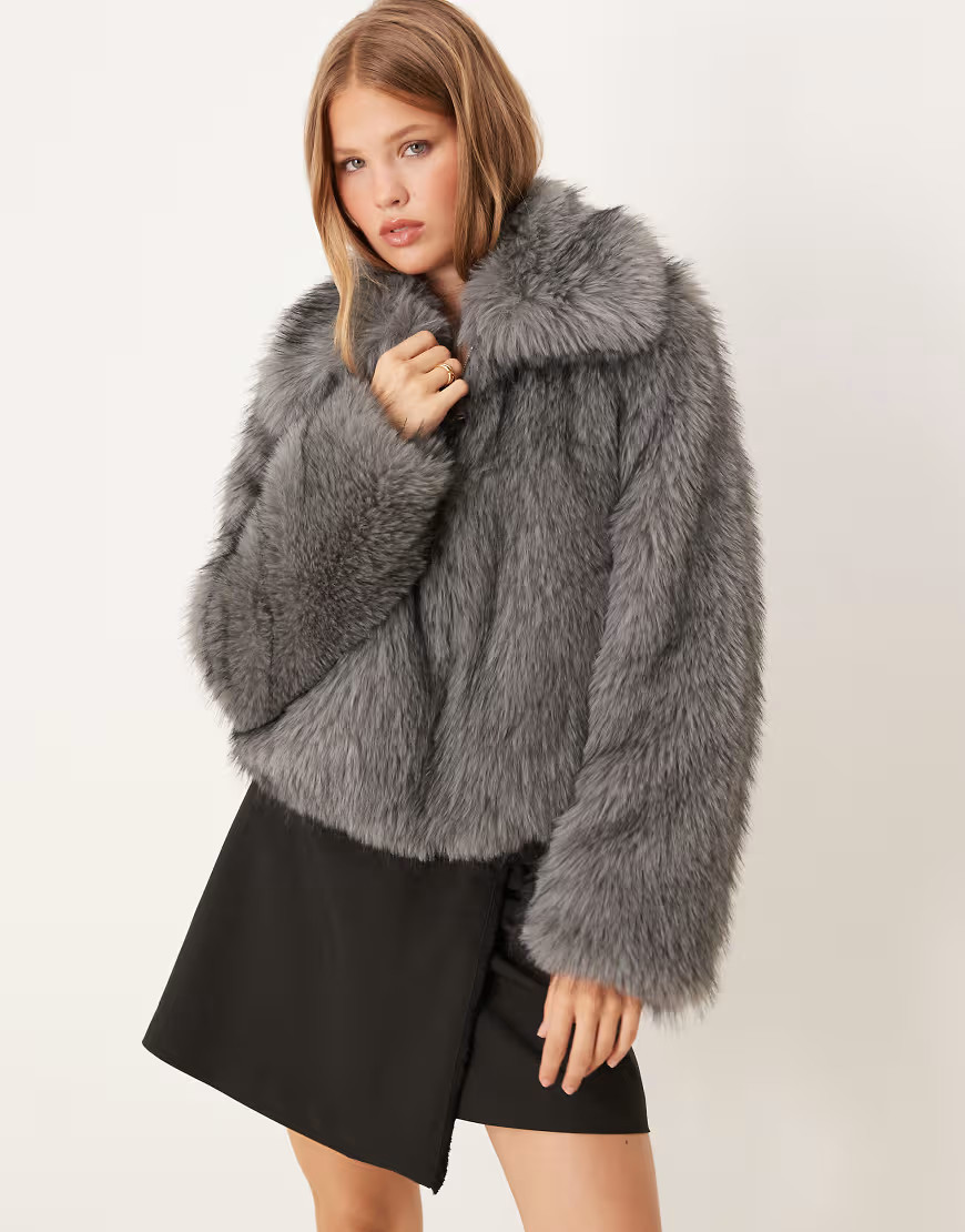 Threadbare short fur jacket with collar in grey | ASOS (Global)