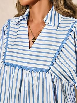 Tankaneo Womens Striped Babydoll Tops Oversized 3/4 Sleeve Peplum Blouse Casual Loose Fit Pleated... | Amazon (US)