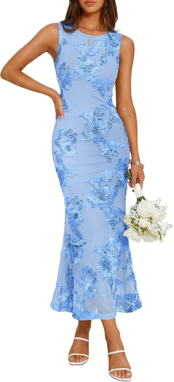 ZESICA Womens 2026 Summer Floral Wedding Guest Midi Dress Sleeveless Mesh Slit Bodycon Formal Coc... | Amazon (US)