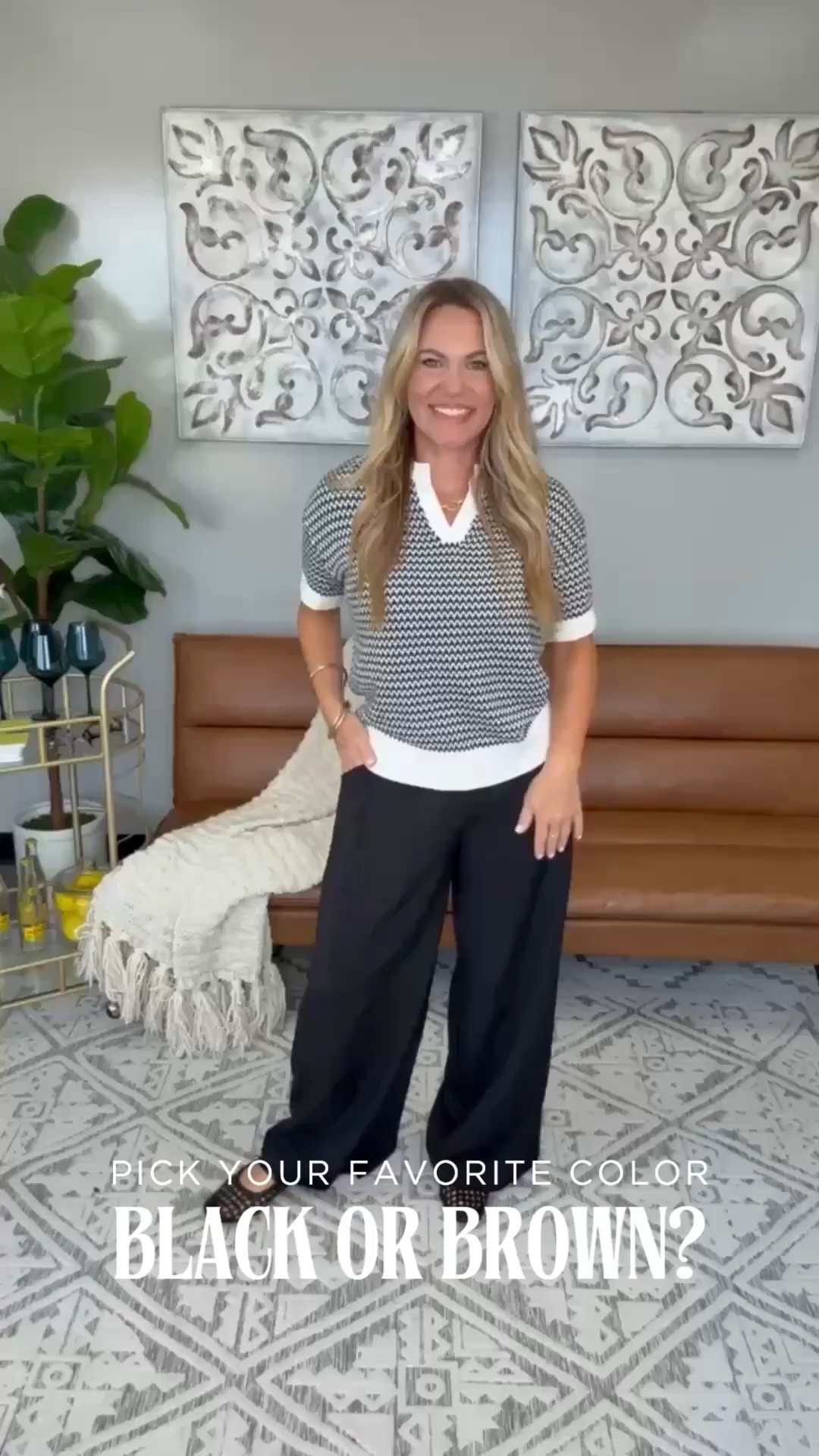 I can’t decide between the black or the brown pants because they both completely change the look. The knit polo gives that elevated, vintage-inspired feel, and swapping the pant color makes it easy to match whatever mood I’m in that day.

Amazon fashion find, knit polo, wide leg pants, black pants, brown pants, workwear outfit, office style, neutral outfit, fall transition, Amazon fashion, AudrieDollins

#LTKWorkwear #LTKOver40 #LTKootd