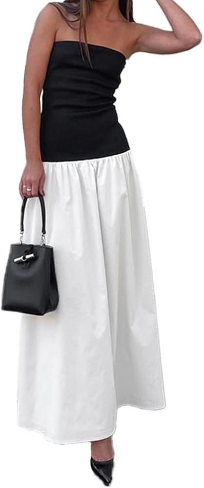 Strapless Dress for Women Summer Mixi Tube Dress Patchwork Color Block Dress Off Shoulder Bandeau... | Amazon (US)
