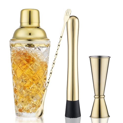 Gbuxska Gold Cocktail Shaker Set - Premium Glass Bartender Kit with Measuring Jigger, Mixing Spoon, and Muddler | Amazon (US)