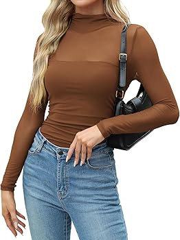 Zeagoo Womens Mesh Sheer Long Sleeve Top Mock Turtle Neck See Though Shirts Ruched Sexy Casual Go... | Amazon (US)