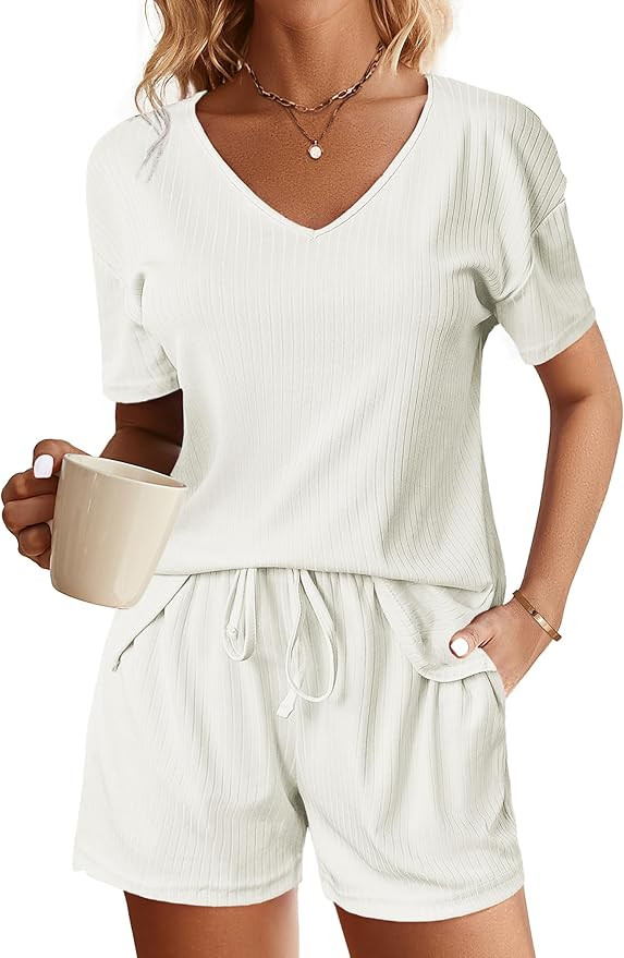 Ekouaer Womens Ribbed Knit Lounge Set Short Sleeve Top and Shorts Sleepwear Pajama Set Two Piece ... | Amazon (US)