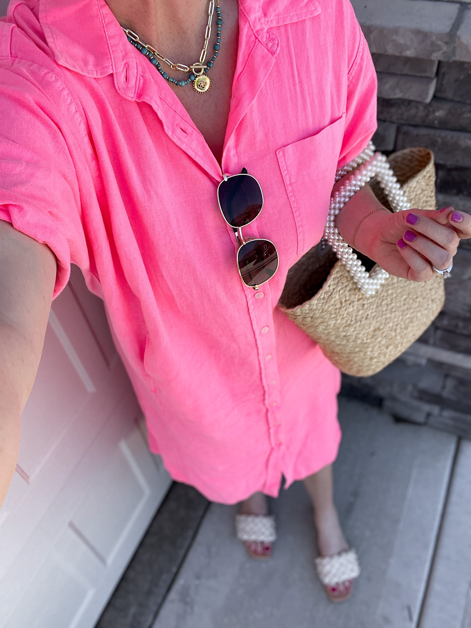 Target dress, hot pink dress, shirt dress, Pearl sandals 

#LTKunder50 #LTKshoecrush #LTKitbag
