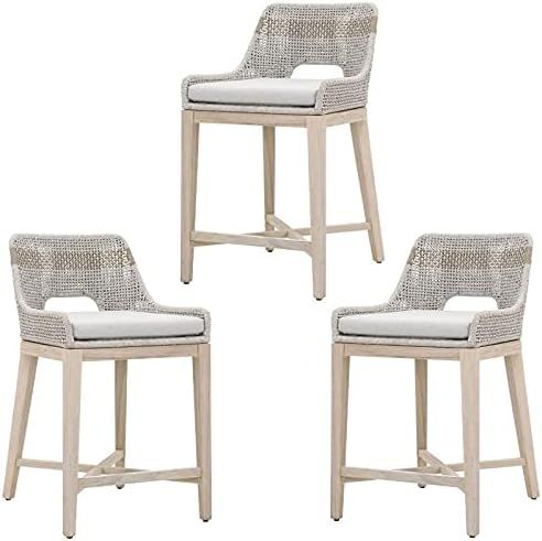 Home Square 3 Piece Upholstered Patio Counter Stool Set in Taupe and White | Amazon (US)