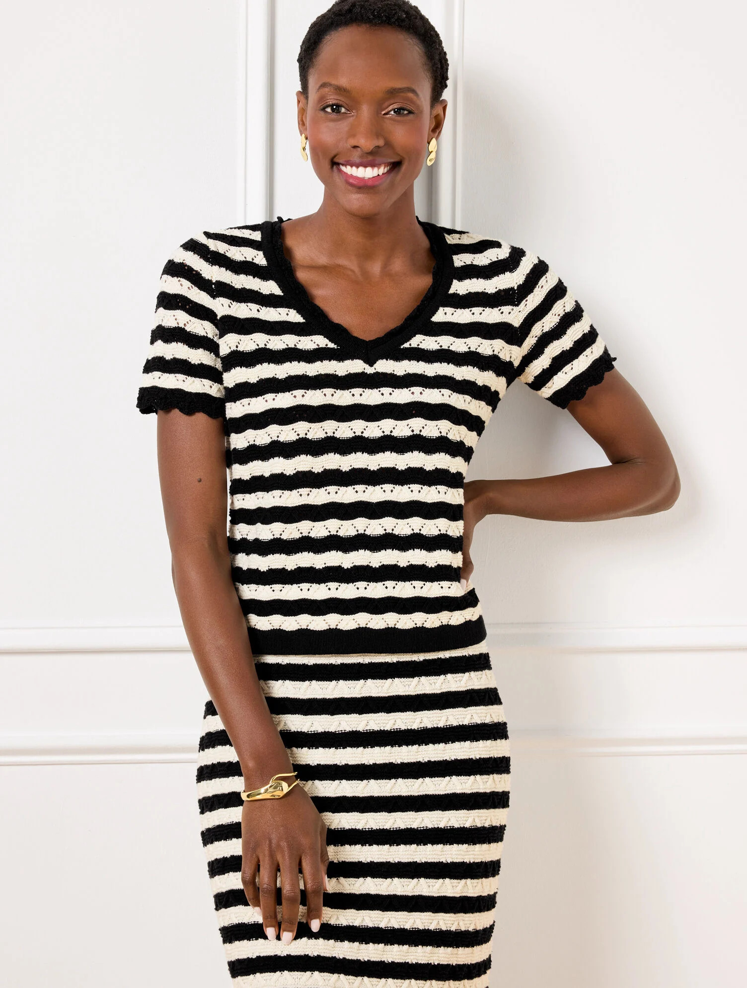 Pointelle Stripe Short Sleeve Sweater | Talbots
