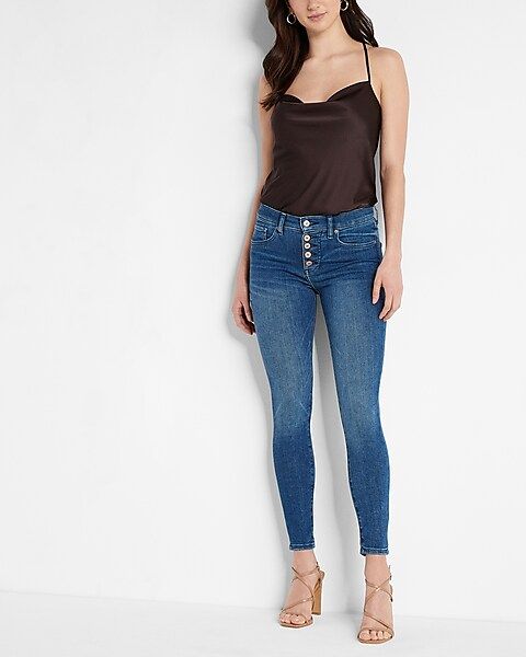 Mid Rise Medium Wash Button Fly Skinny Jeans | Express
