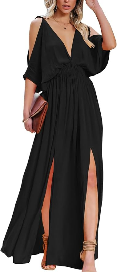 DEEP SELF Women Summer V Neck Cold Shoulder Short Sleeve Maxi Dress High Waist Split Wedding Gues... | Amazon (US)