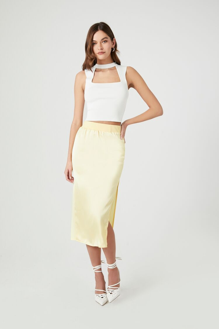 Women's Satin Slip Midi Skirt in Yellow Small | Forever 21