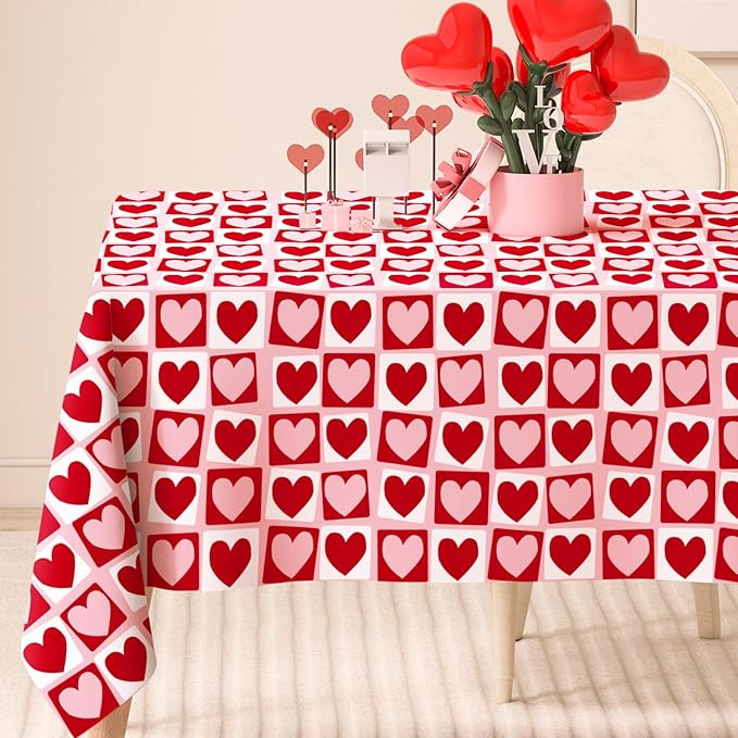 Valentine's Day Rectangle Tablecloth Red Pink Heart Fabric Table Cloth Washable Table Cover for W... | Amazon (US)