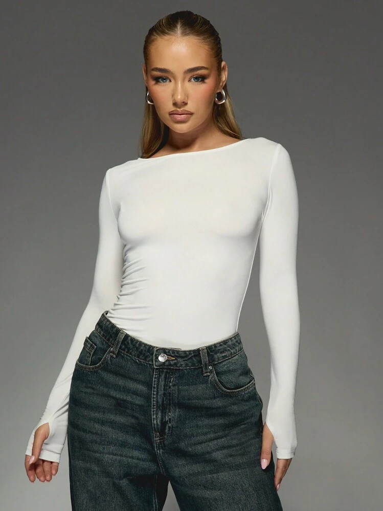 MISSGUIDED Elegant Long Sleeve Fitted Bodysuit Classic Thumb Hole Top Basic Layering Essential Sl... | SHEIN
