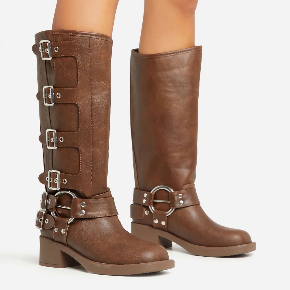 Buckle-Down Side Buckle Detail Mid Calf Biker Boot In Brown Faux Leather | Ego Shoes (UK)